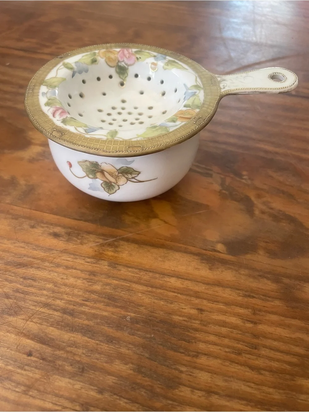 Vintage Handpainted Porcelain Tea Strainer & drip bowl with Floral accents RARE
